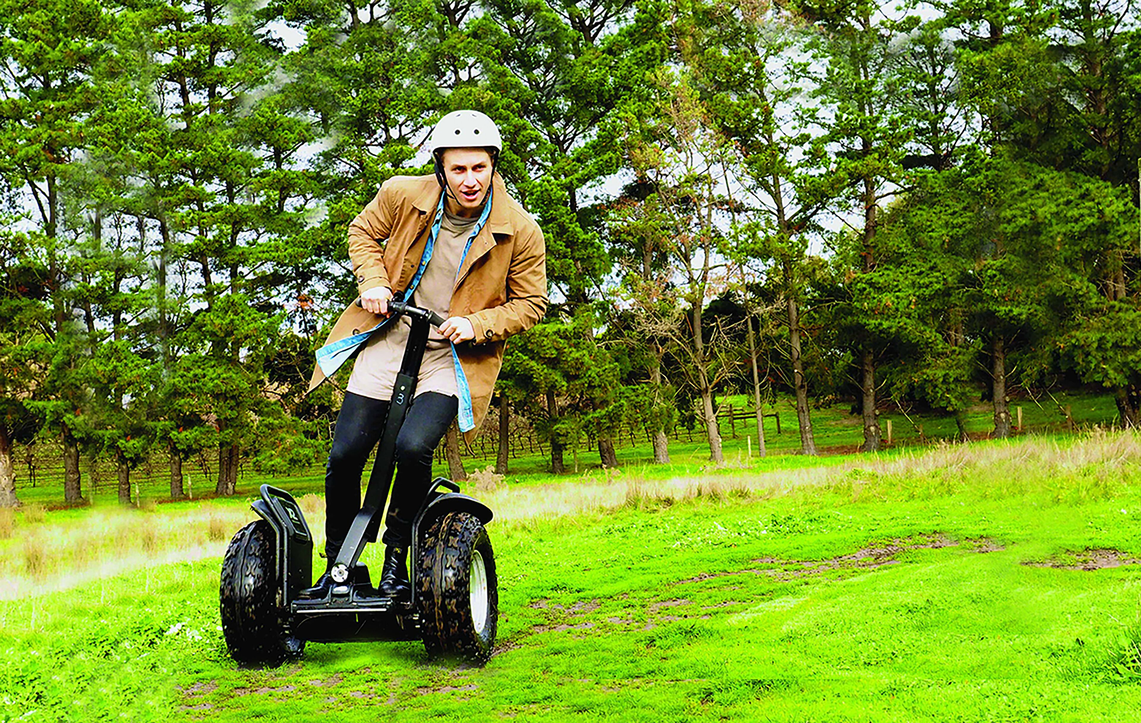 A person riding a Segway in a grassy area with trees in the background.