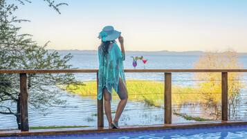 Outdoor pool, pool umbrellas, pool loungers