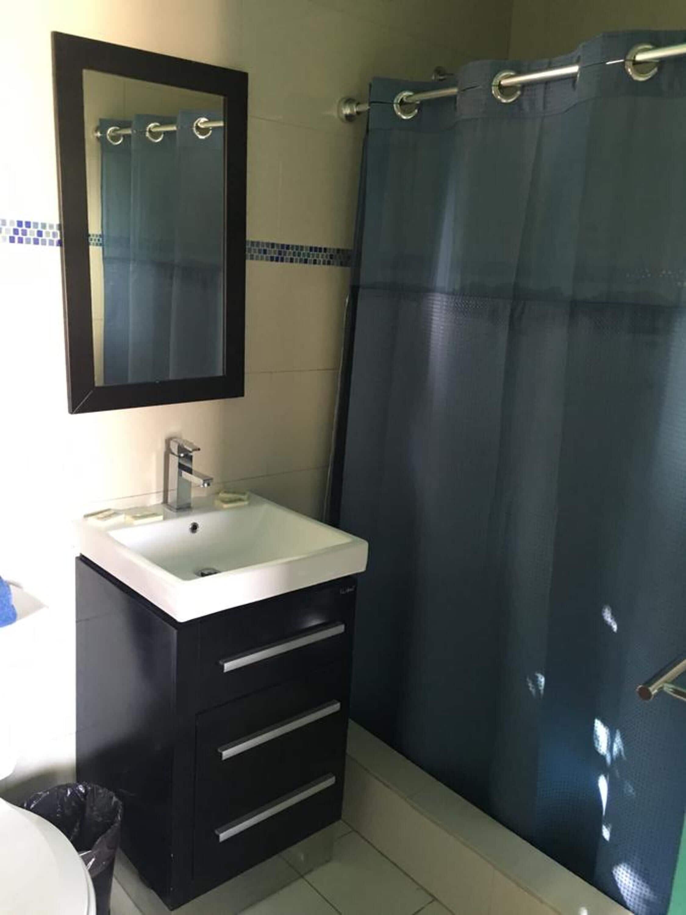 A bathroom with a white sink, dark cabinetry, a mirror, and a blue shower curtain.