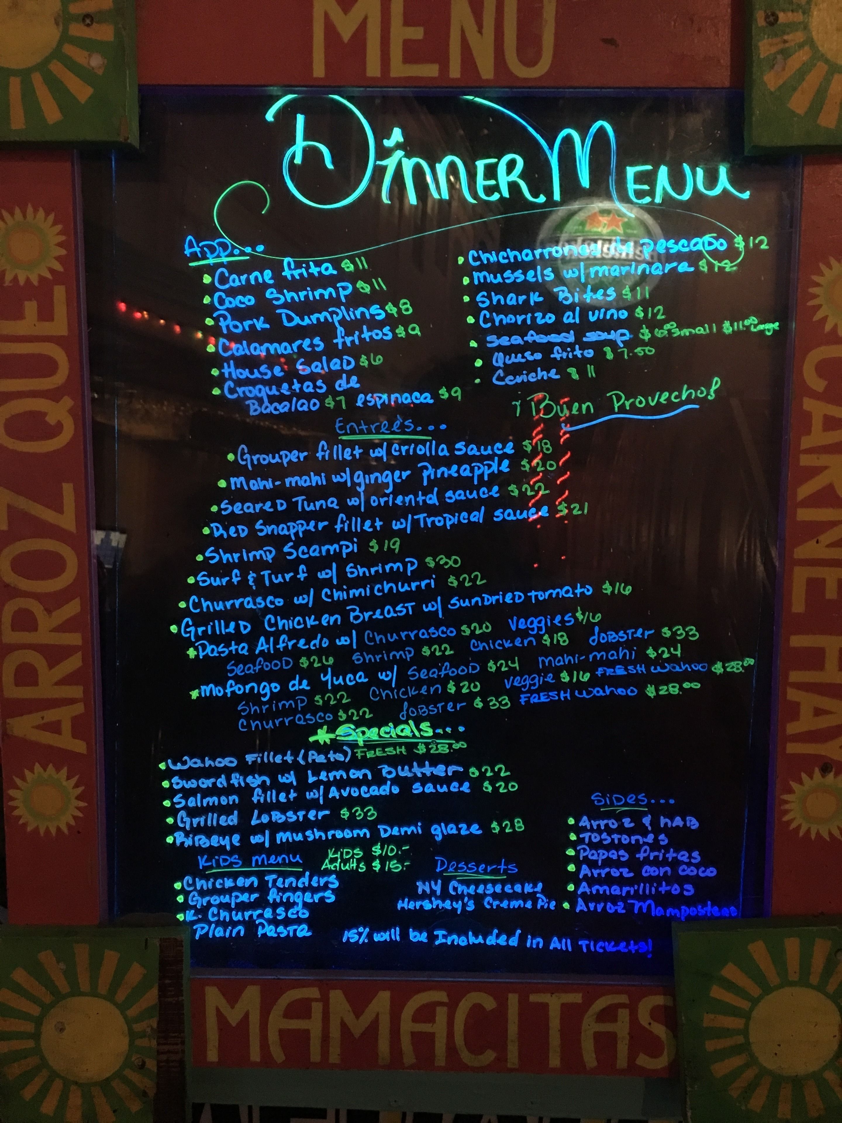 A neon sign menu for a restaurant with various dishes listed, including prices.