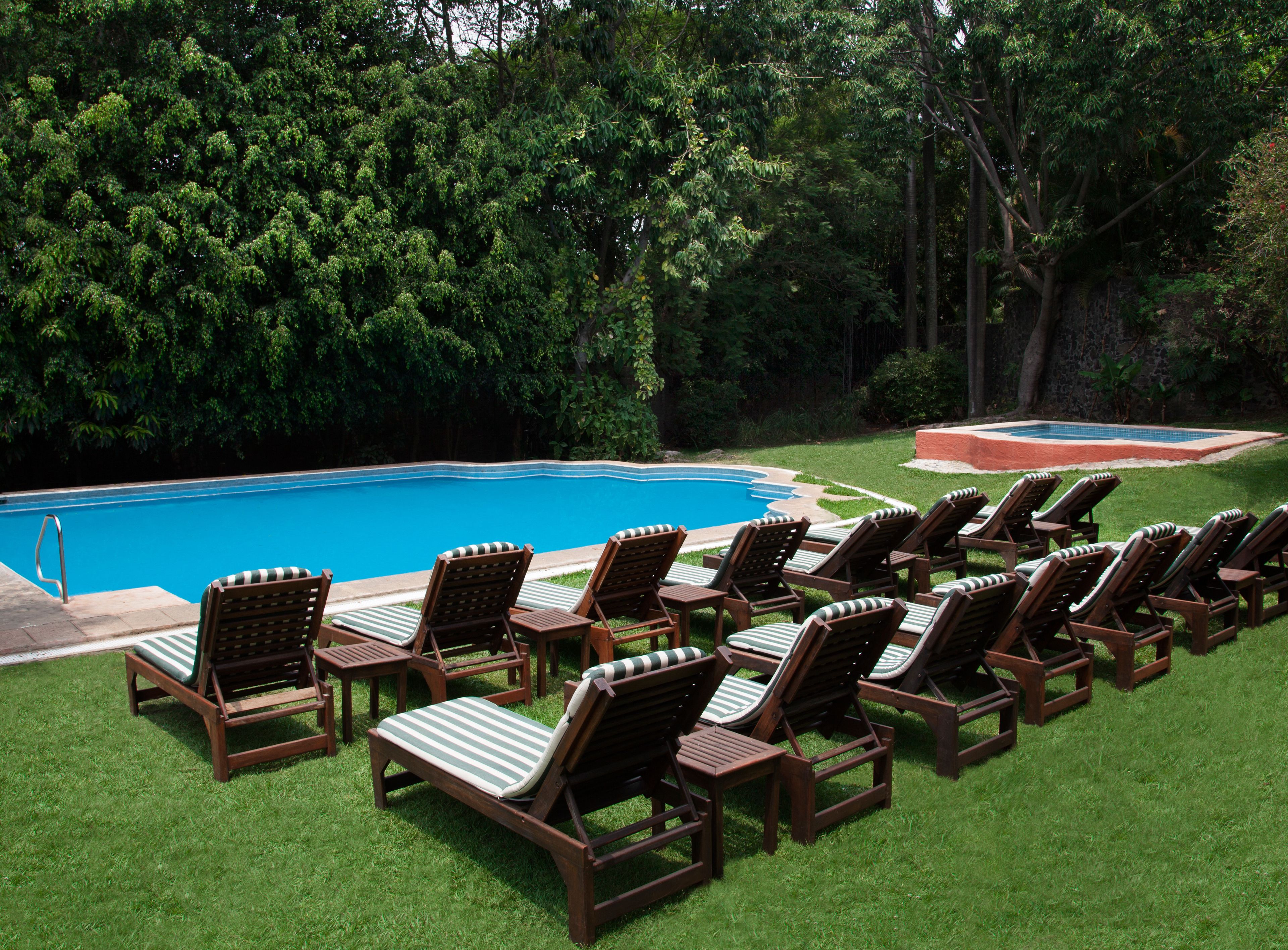 outdoor pool, pool umbrellas, pool loungers