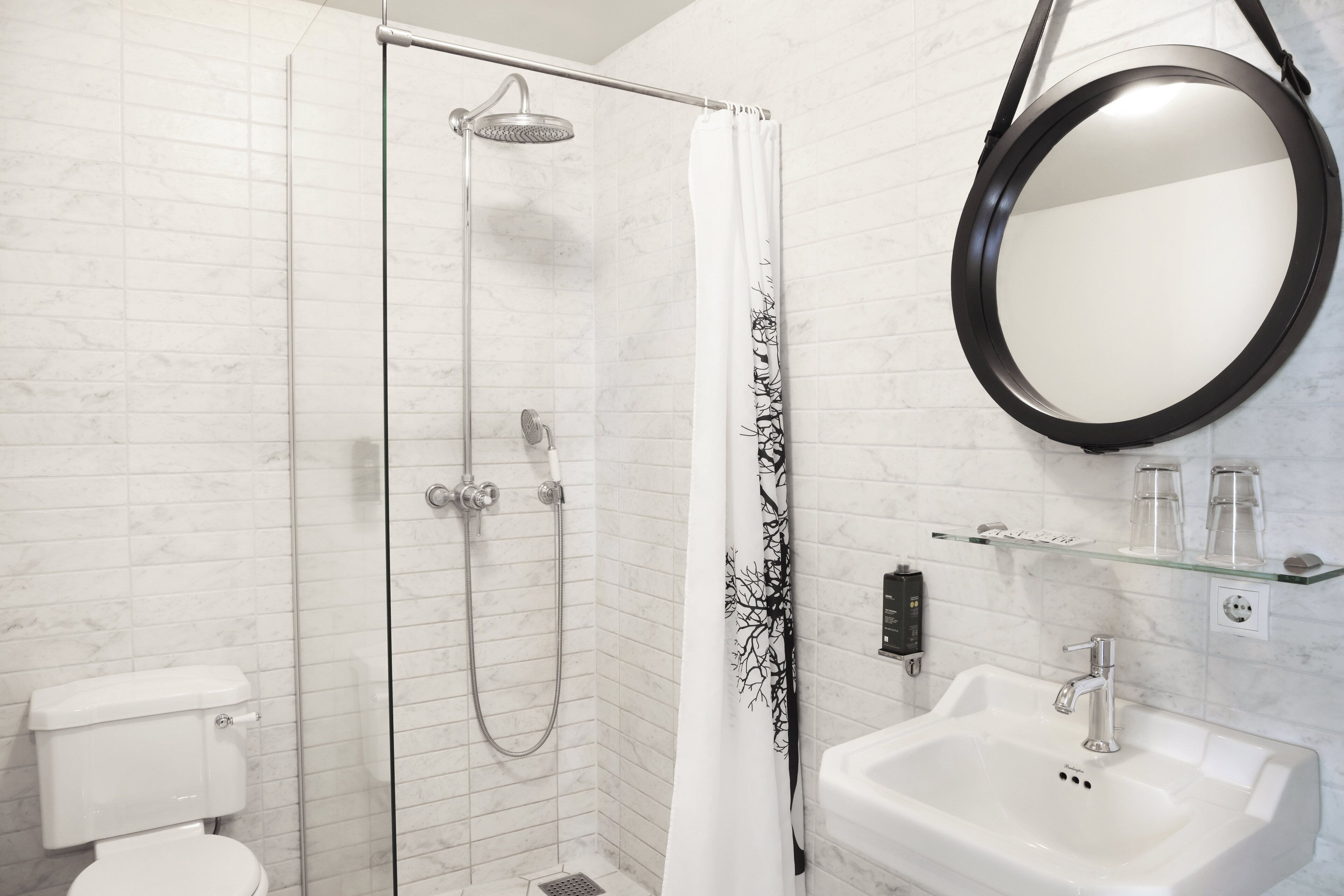 family room | bathroom | shower, hair dryer, towels