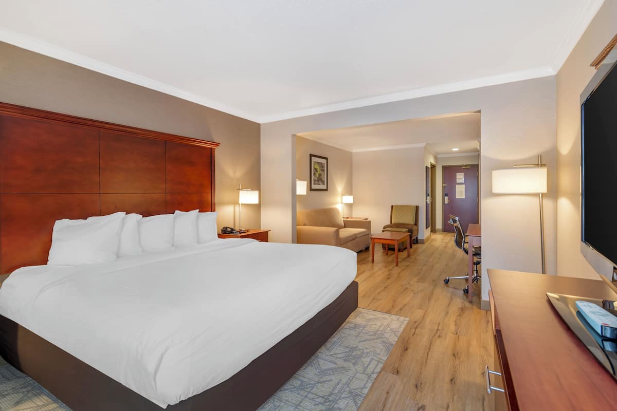 A hotel room with a large bed, a desk, a chair, a TV, and a lamp.