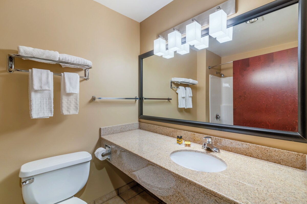 A bathroom with a toilet, sink, towel rack, and mirror.