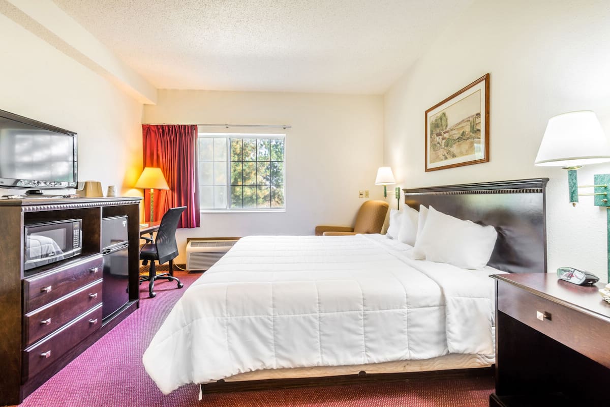 A hotel room with a bed, a desk with a computer, a TV, a chair, a window with curtains, a painting on the wall, and a lamp.