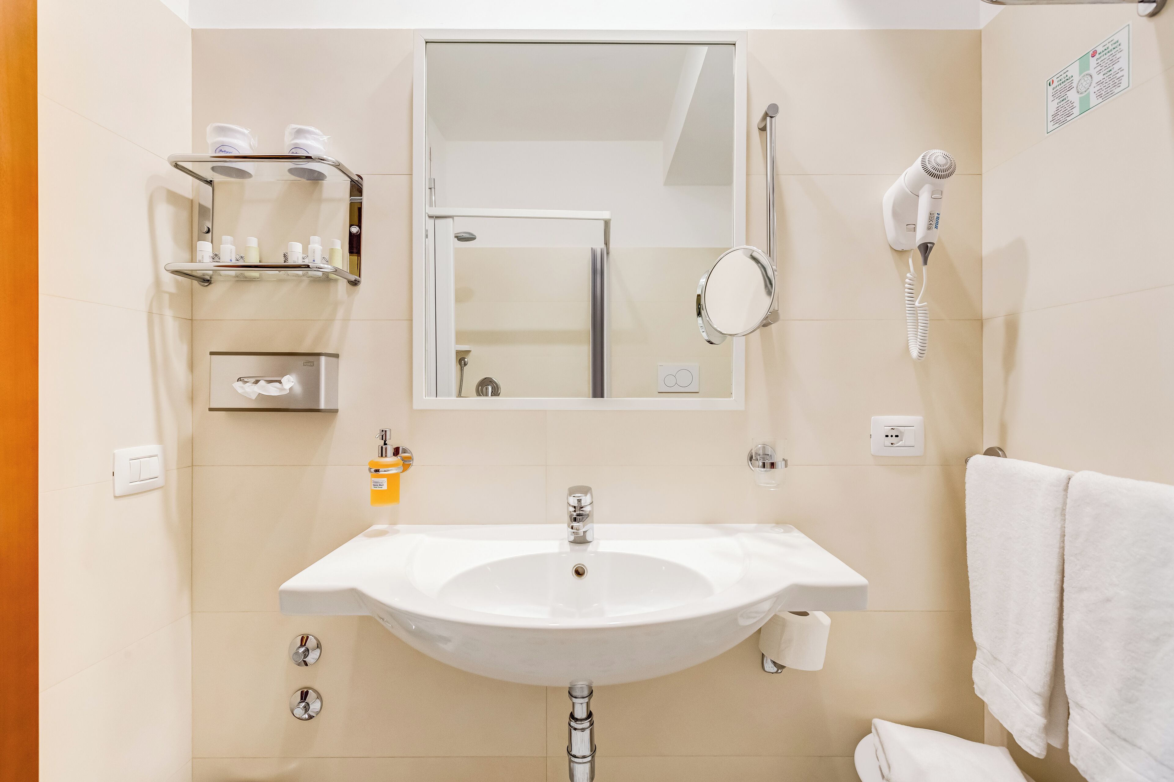 free toiletries, hair dryer, towels, soap