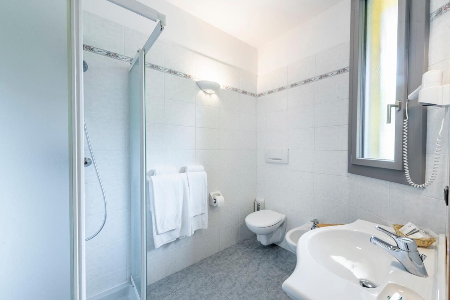 free toiletries, hair dryer, bidet, towels