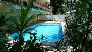 A swimming pool surrounded by potted plants and a building with balconies. - Hotel Artide (Rimini)