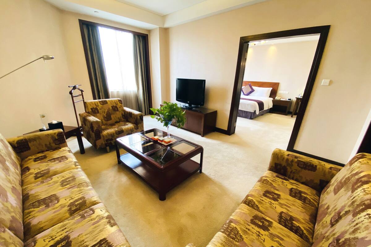 Habitación de hotel con sala de estar que incluye sofás estampados, una mesa de centro, televisor y una cama con cabecera.