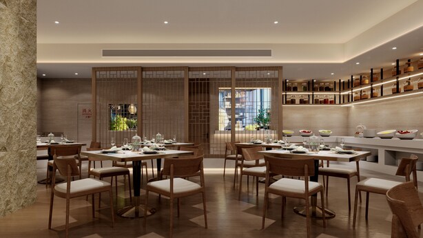 A modern dining area with wooden tables and chairs, a glass partition, and a kitchen area with shelves. - Baolong Hotel Shanghai (Shanghai)