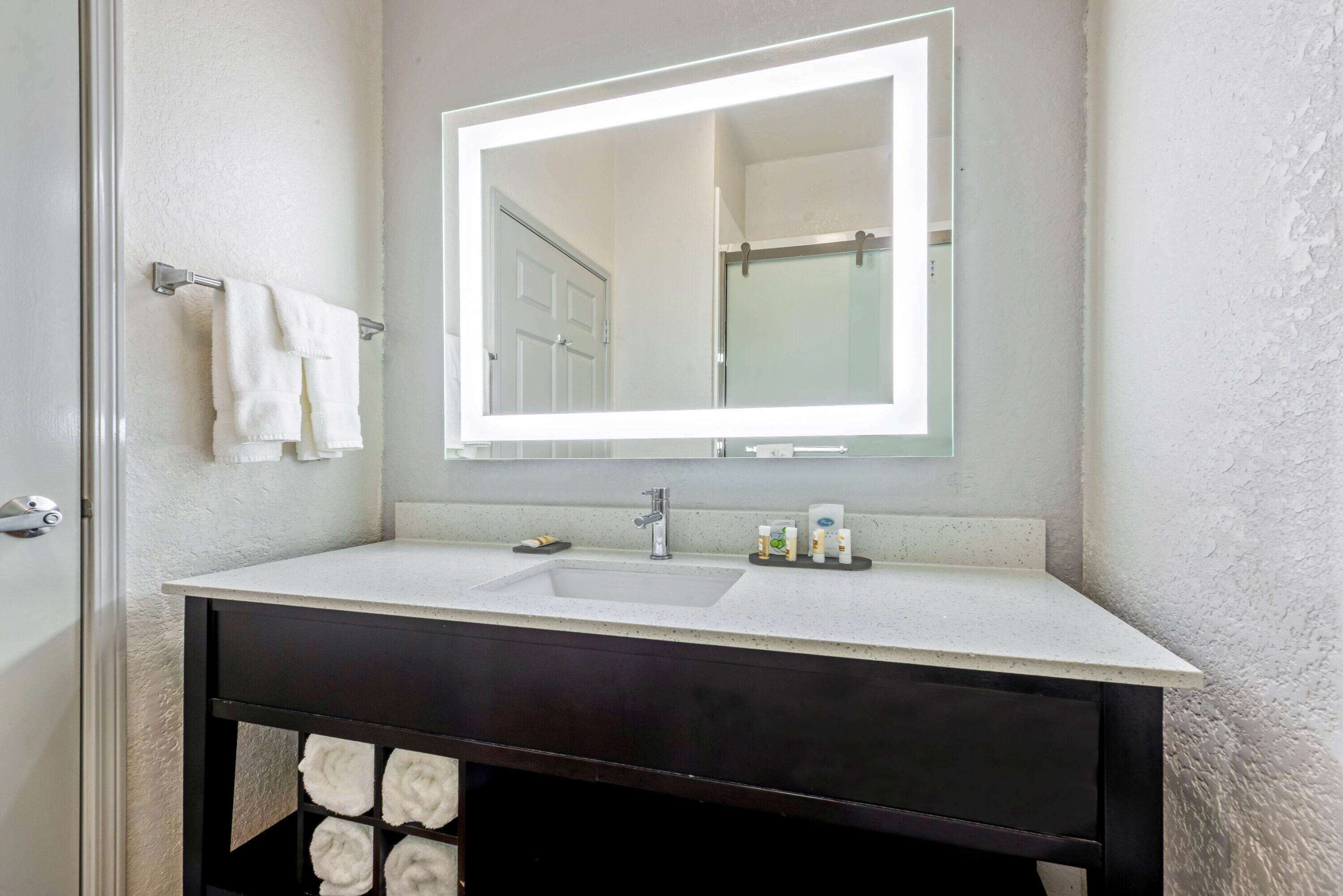 combined shower/bathtub, free toiletries, hair dryer, towels