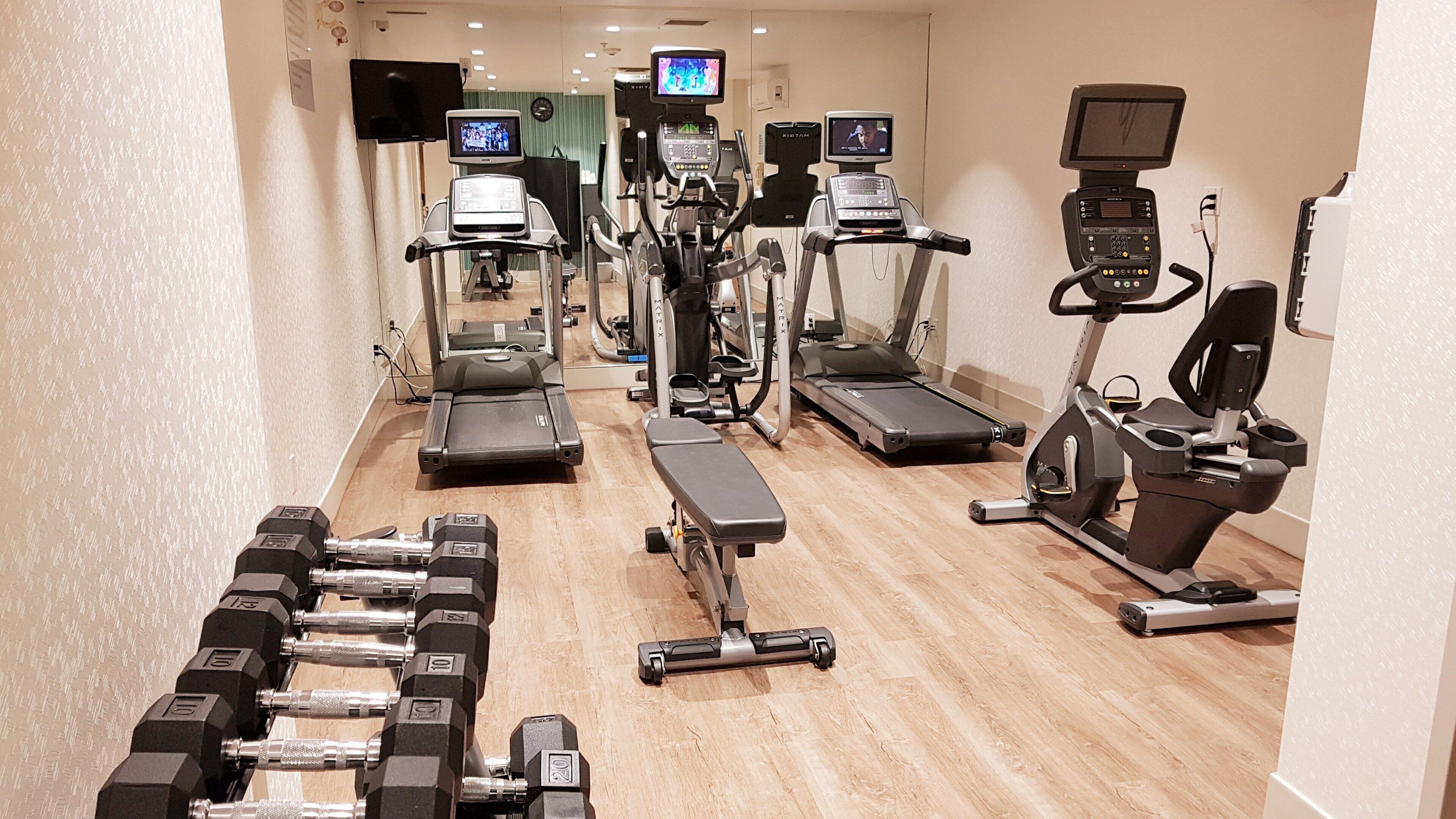 A gym with treadmills, elliptical machines, a bench press, and dumbbells.