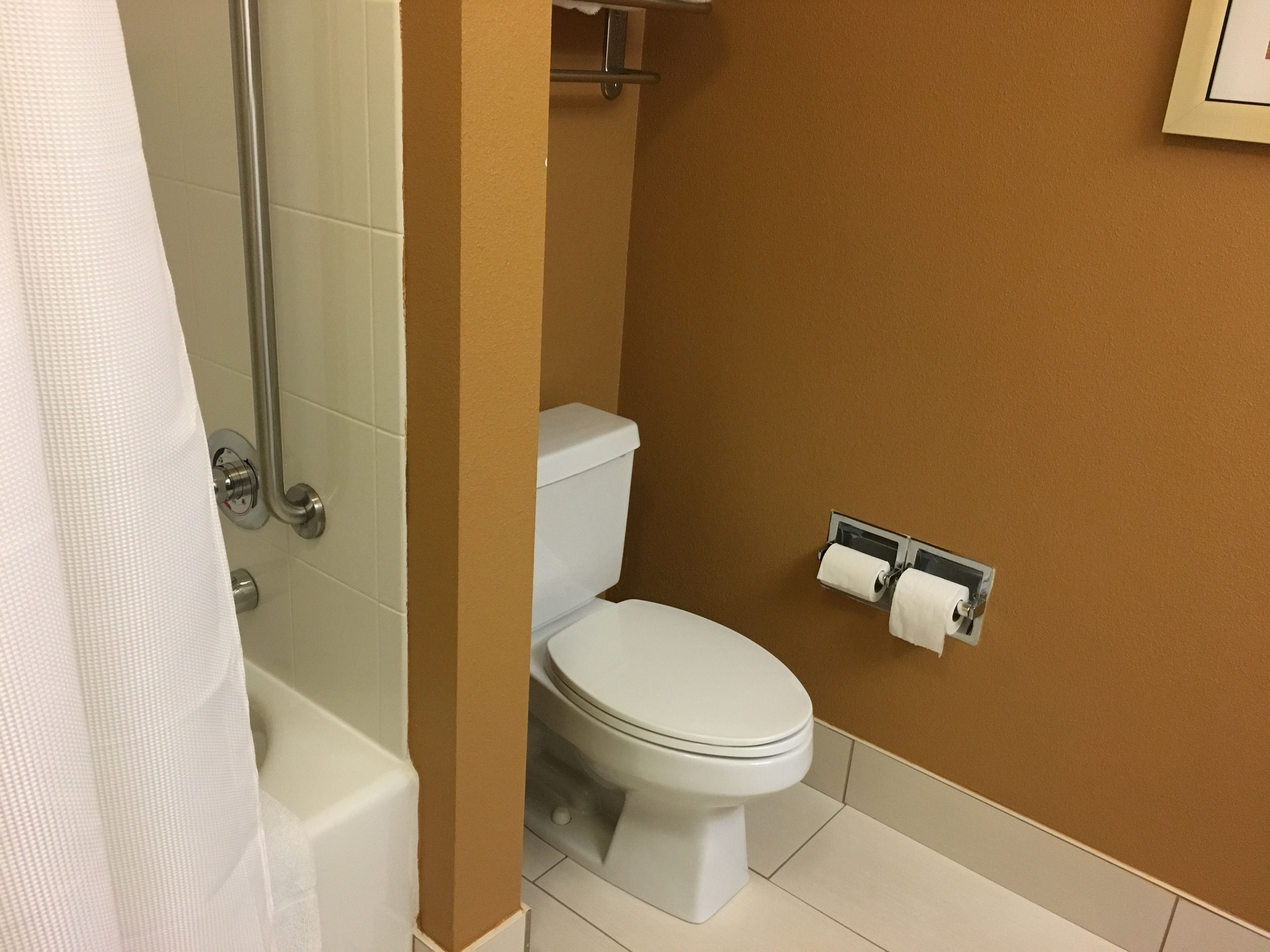 Une salle de bain avec une baignoire, des toilettes et un porte-serviettes.