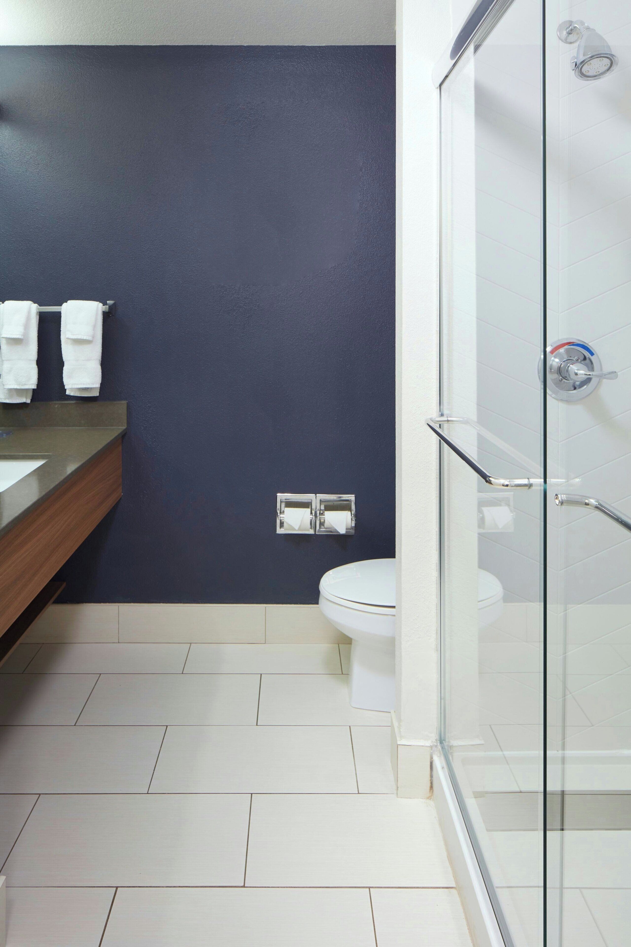 Ein Badezimmer mit dunkelblauer Wand, Toilette in Weiß, einer Duschkabine aus Glas und einem Holzbadezimmer-Waschtisch mit Spiegel.