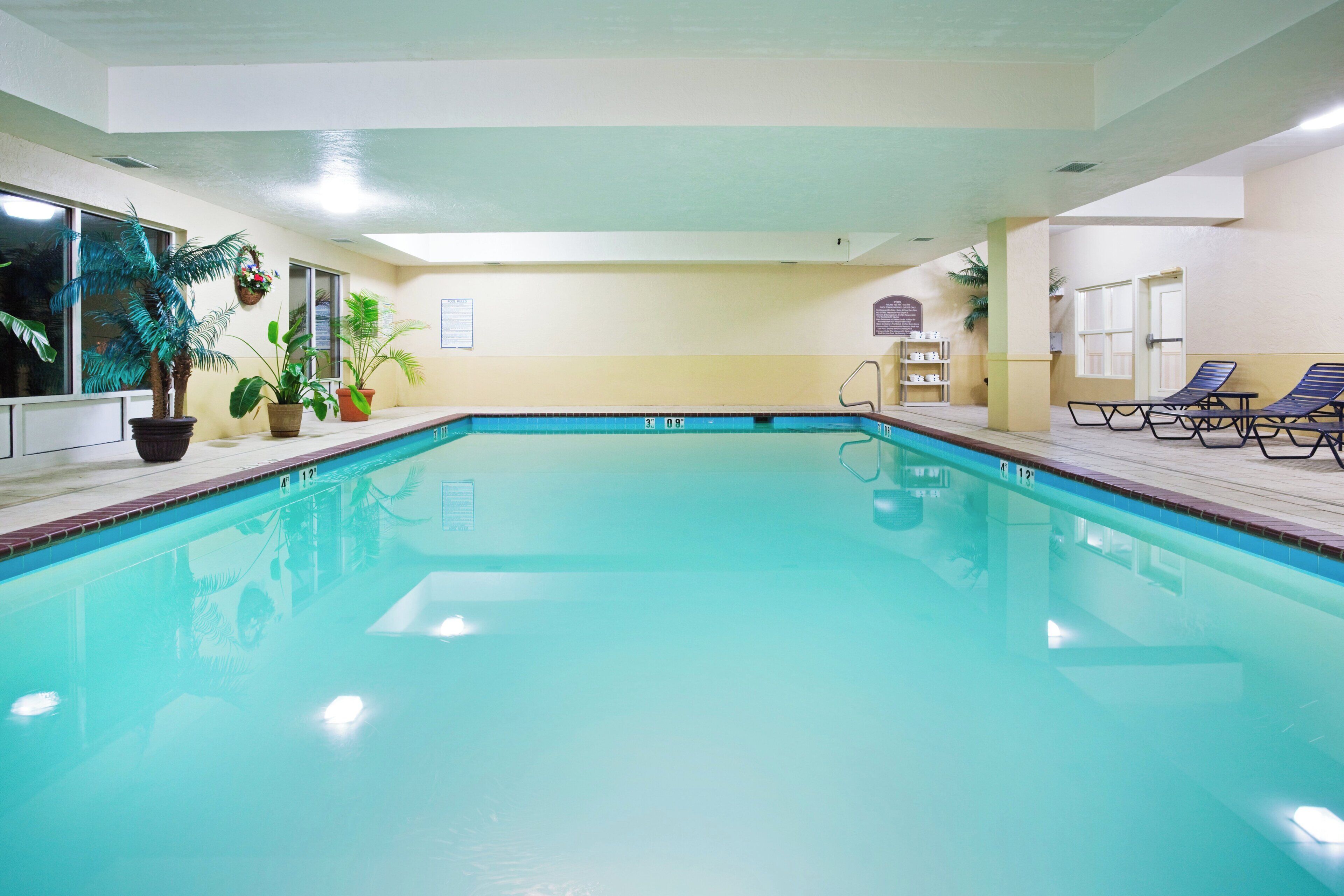 Une piscine intérieure à l’eau claire, entourée de chaises longues et de plantes en pot.