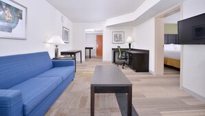 Habitación de hotel con un sofá azul, un escritorio con una silla, un televisor y obras de arte en las paredes.