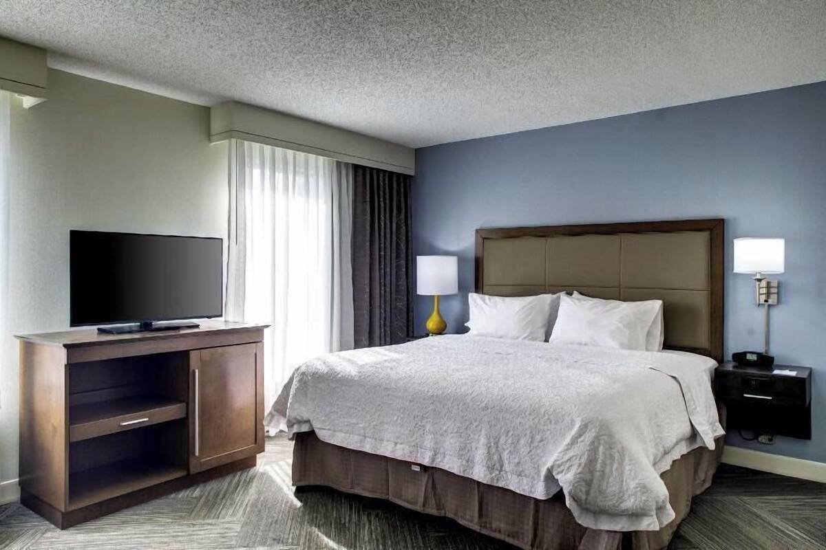 Habitación de hotel con cama, televisión sobre un mueble de madera, mesita de noche con lámpara y ventana con cortinas.
