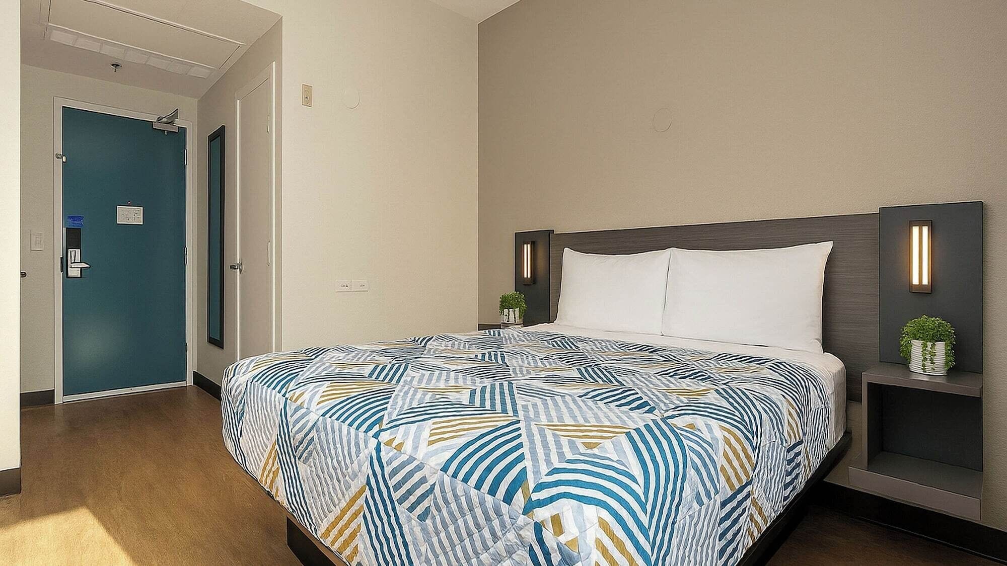 Une chambre d’hôtel avec un grand lit, une table de chevet ornée d’une plante et une porte dotée d’un cadre bleu.