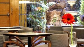 A restaurant with wooden tables and chairs, a stone wall with a water feature, and potted plants. - Internacional Asuncion Dowtown (Asunción)