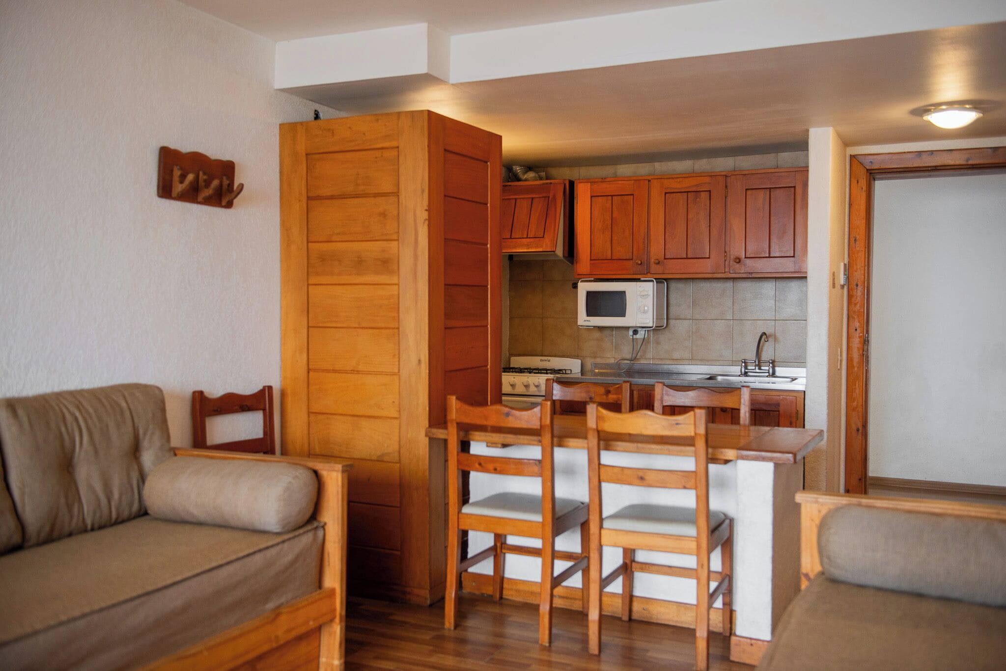 Un espacio habitable pequeño con kitchenette, muebles de madera y un sofá.