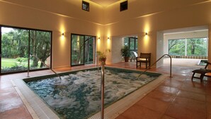 A spa area with a hot tub, large windows, and a view of the garden. - Iguazu Grand Resort Spa & Casino (Puerto Iguazú)
