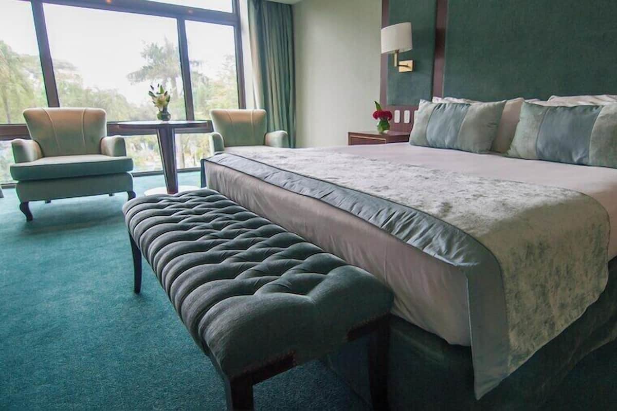 Une chambre d’hôtel avec un grand lit, une banquette, deux fauteuils, une table de chevet, une lampe et une vue par la fenêtre.