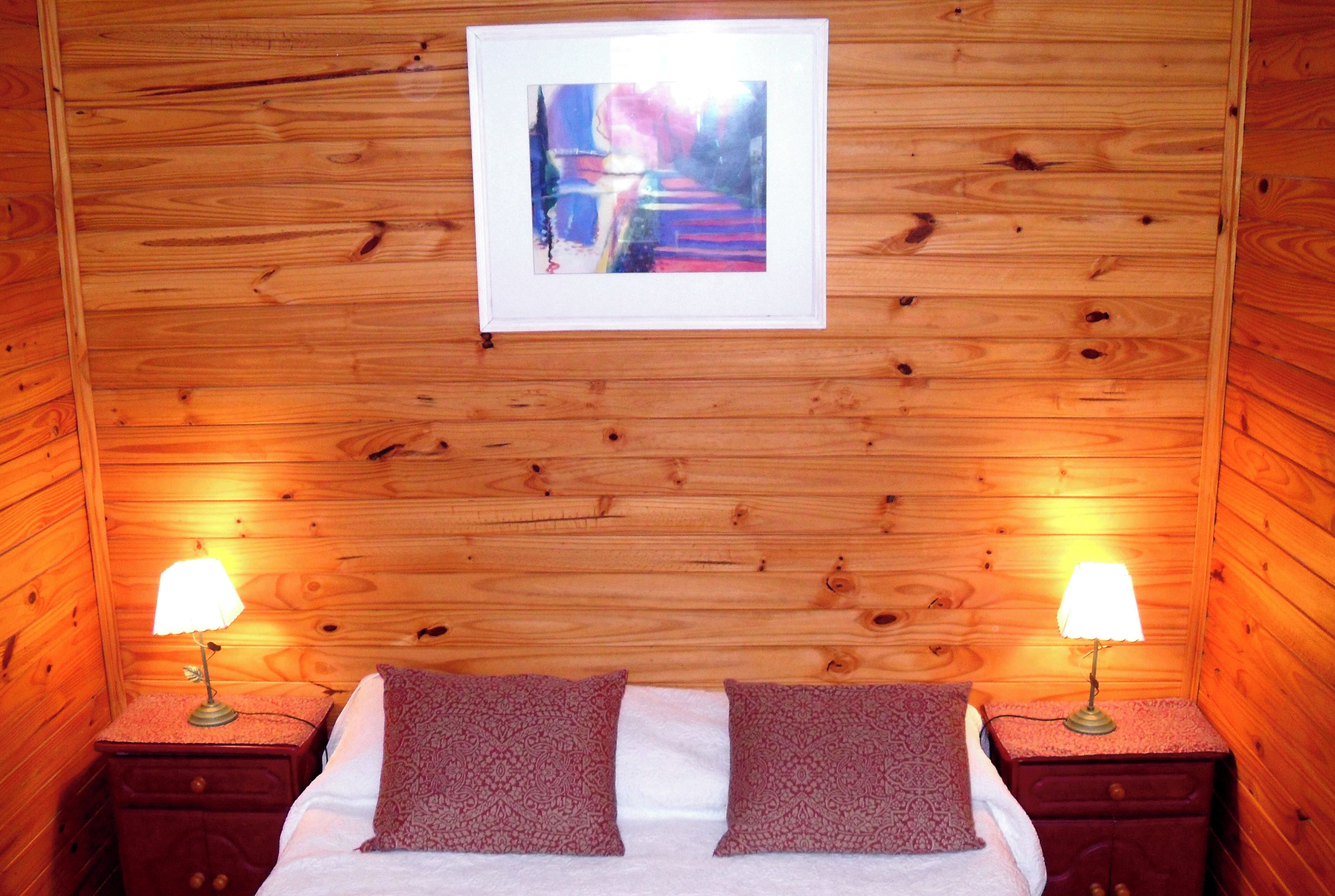 A wooden-paneled room with a bed, two nightstands, and a framed picture on the wall.