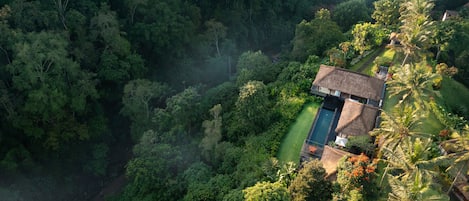 An aerial view of a secluded resort with a thatched-roof building, a swimming pool, and lush greenery surrounding it.