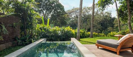 A swimming pool with a wooden deck and lounge chair, surrounded by lush greenery and tall trees.
