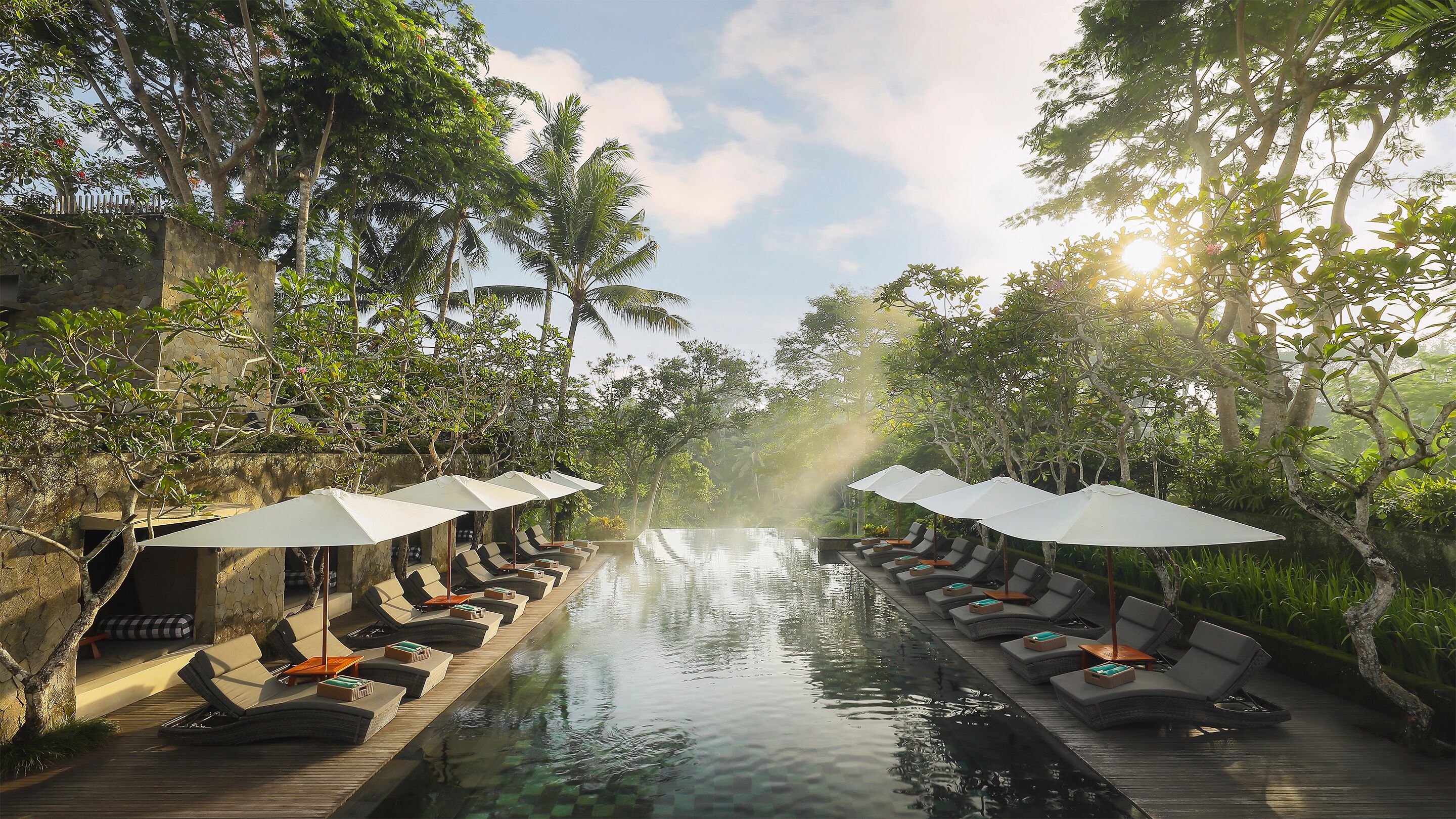 A serene pool area with lounge chairs and umbrellas, surrounded by lush greenery and a stone wall.