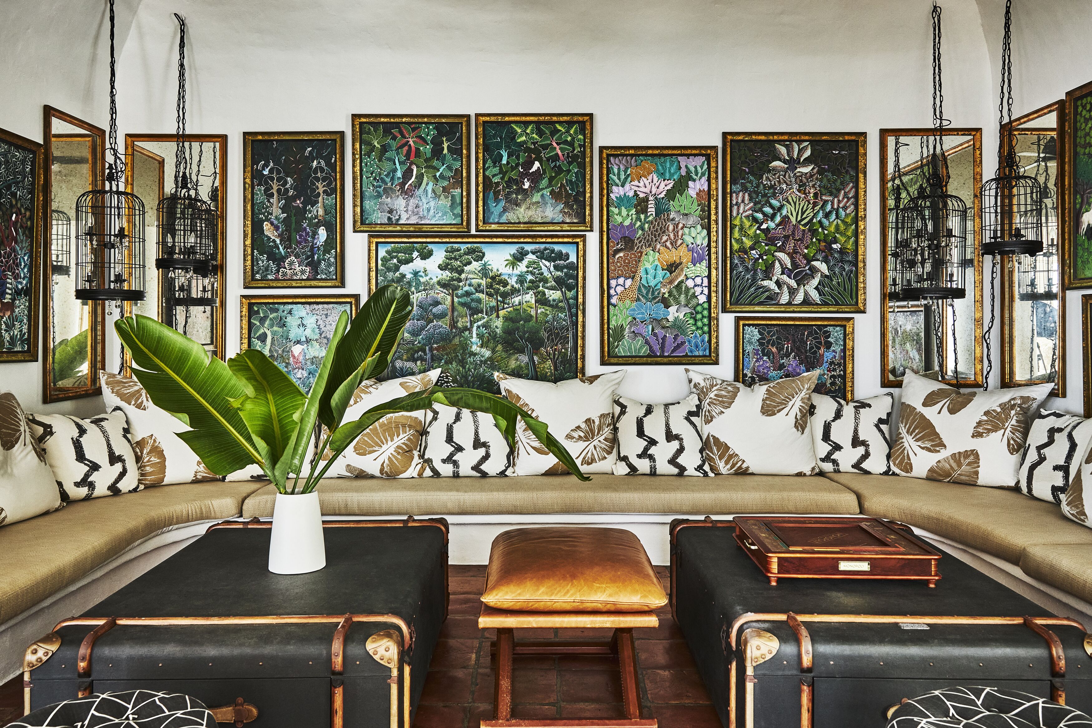 A room with a sofa, a plant, and framed botanical prints on the wall.