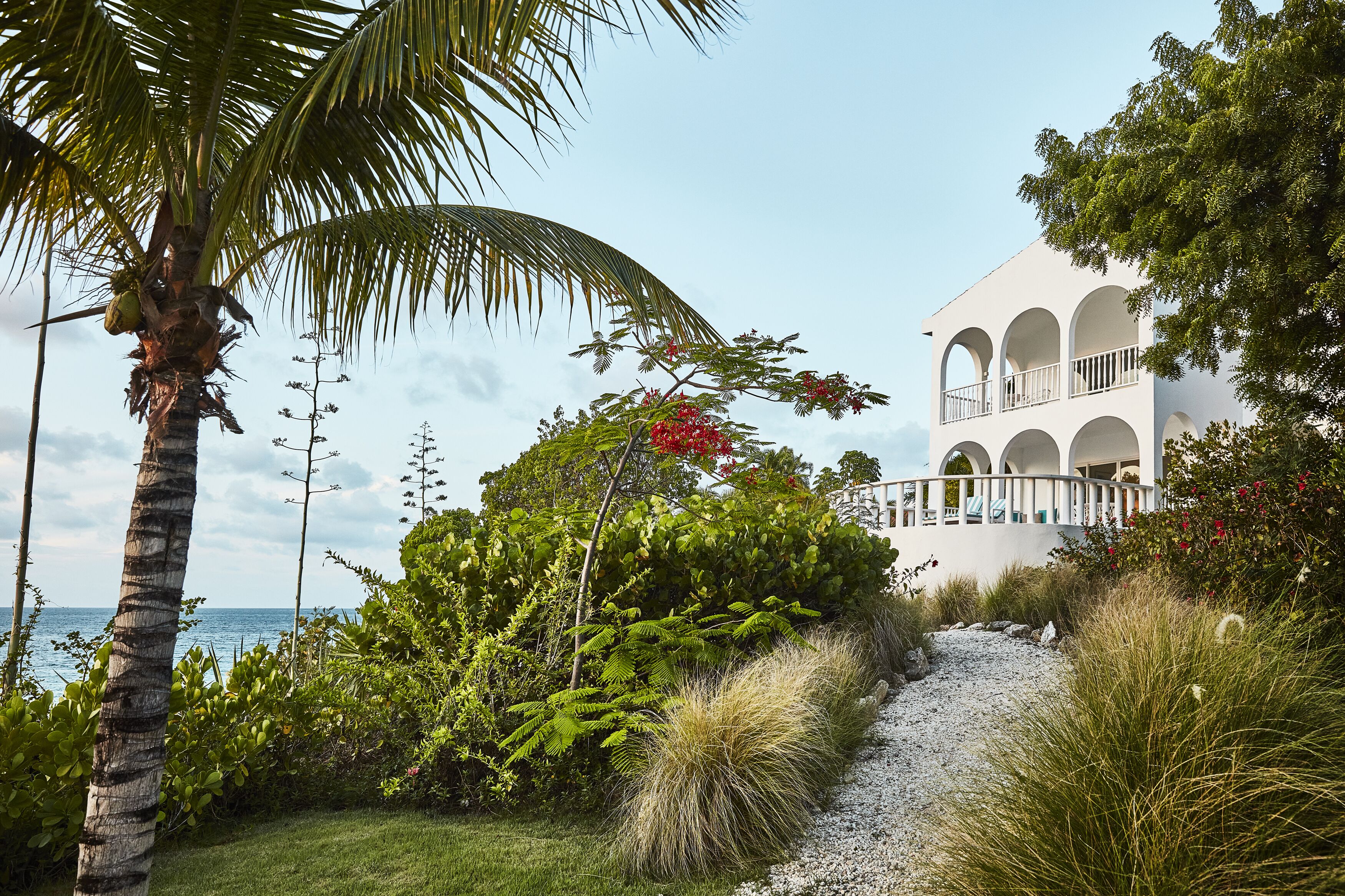 A coastal building with a gravel path leading to it, surrounded by lush greenery and palm trees.