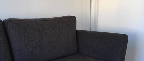 A dark grey sofa against a plain wall with a white floor lamp.