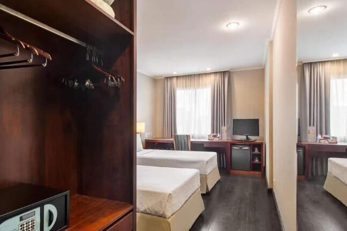 In-room safe, desk, laptop workspace, blackout curtains