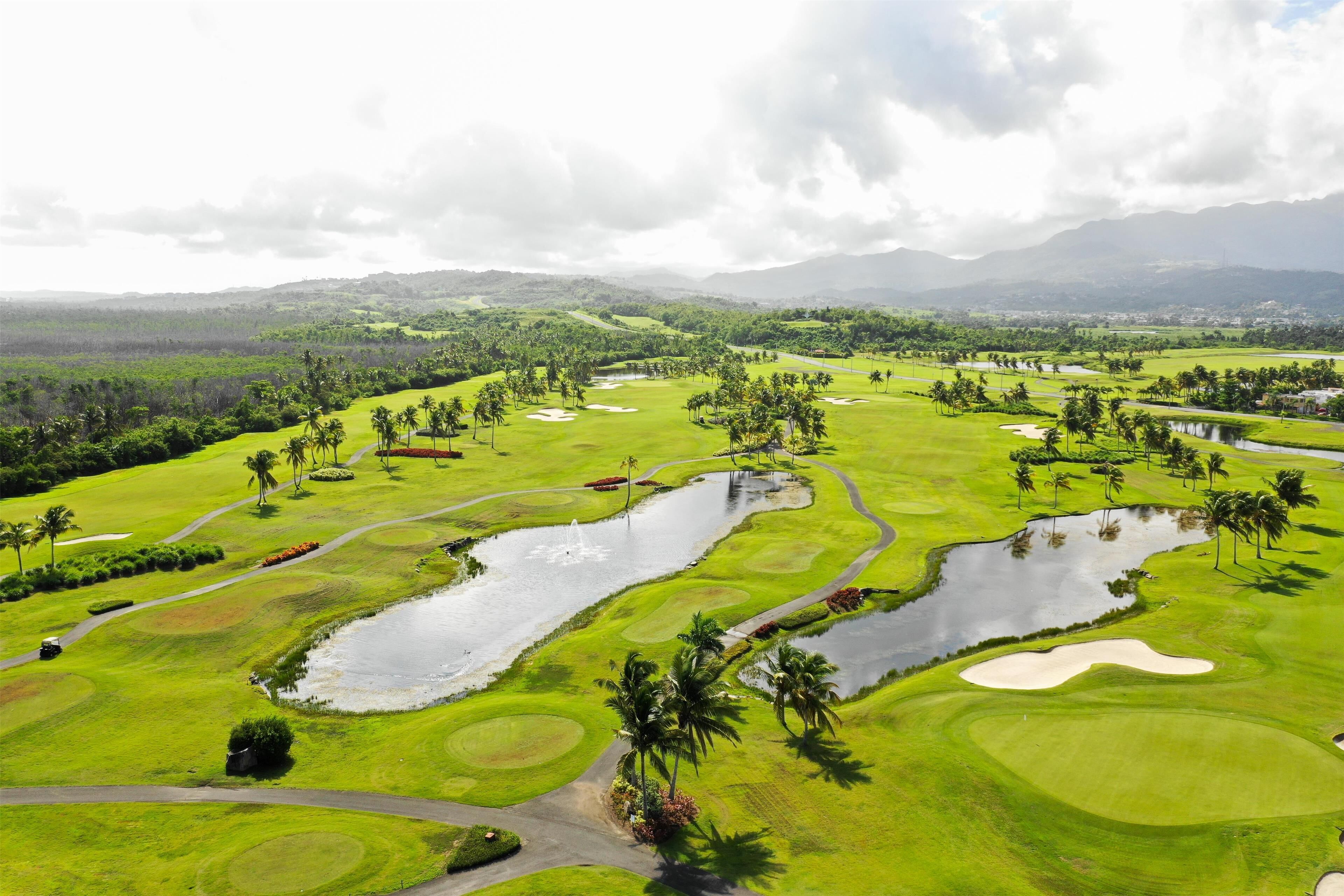 A golf course with multiple water hazards, palm trees, and a mountainous backdrop.