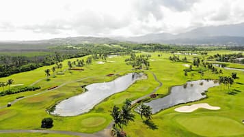 A golf course with multiple water hazards, palm trees, and a mountainous backdrop.