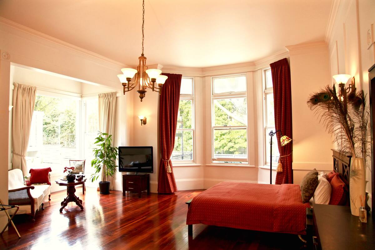 A spacious room with a large bed, a television, a desk, and a chair. There are windows with curtains and a plant.