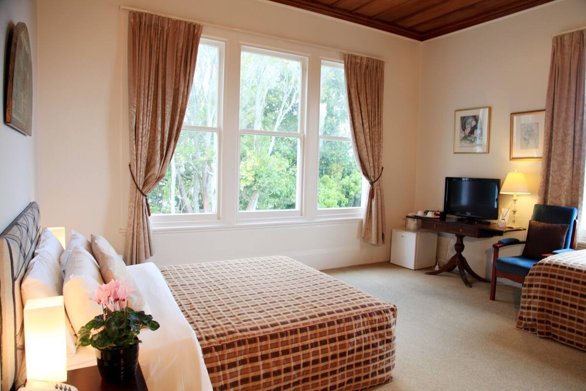 A hotel room with a bed, a desk with a television, a chair, and a window with curtains.