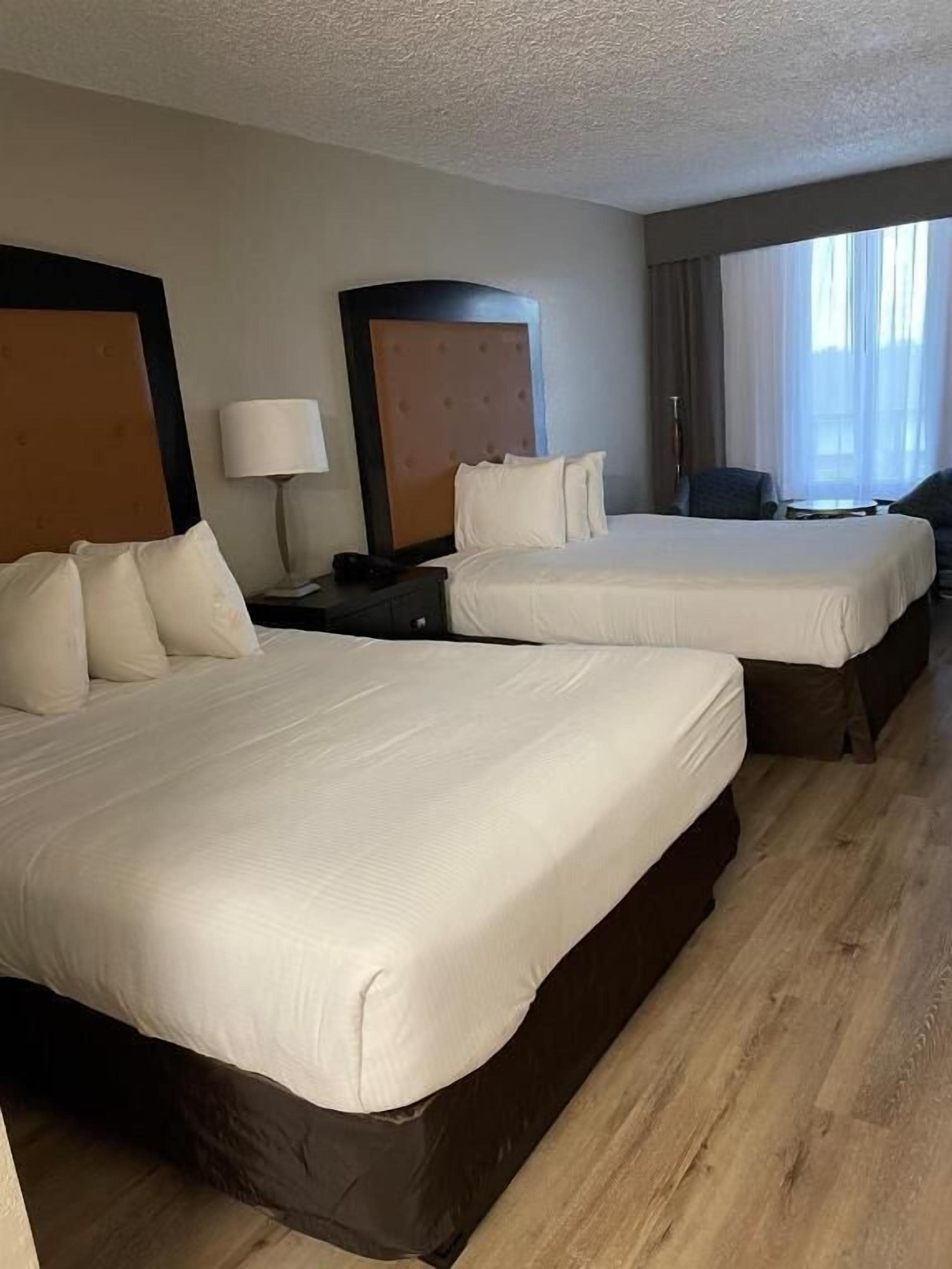 A hotel room with two beds, a nightstand, a lamp, and a window with curtains.