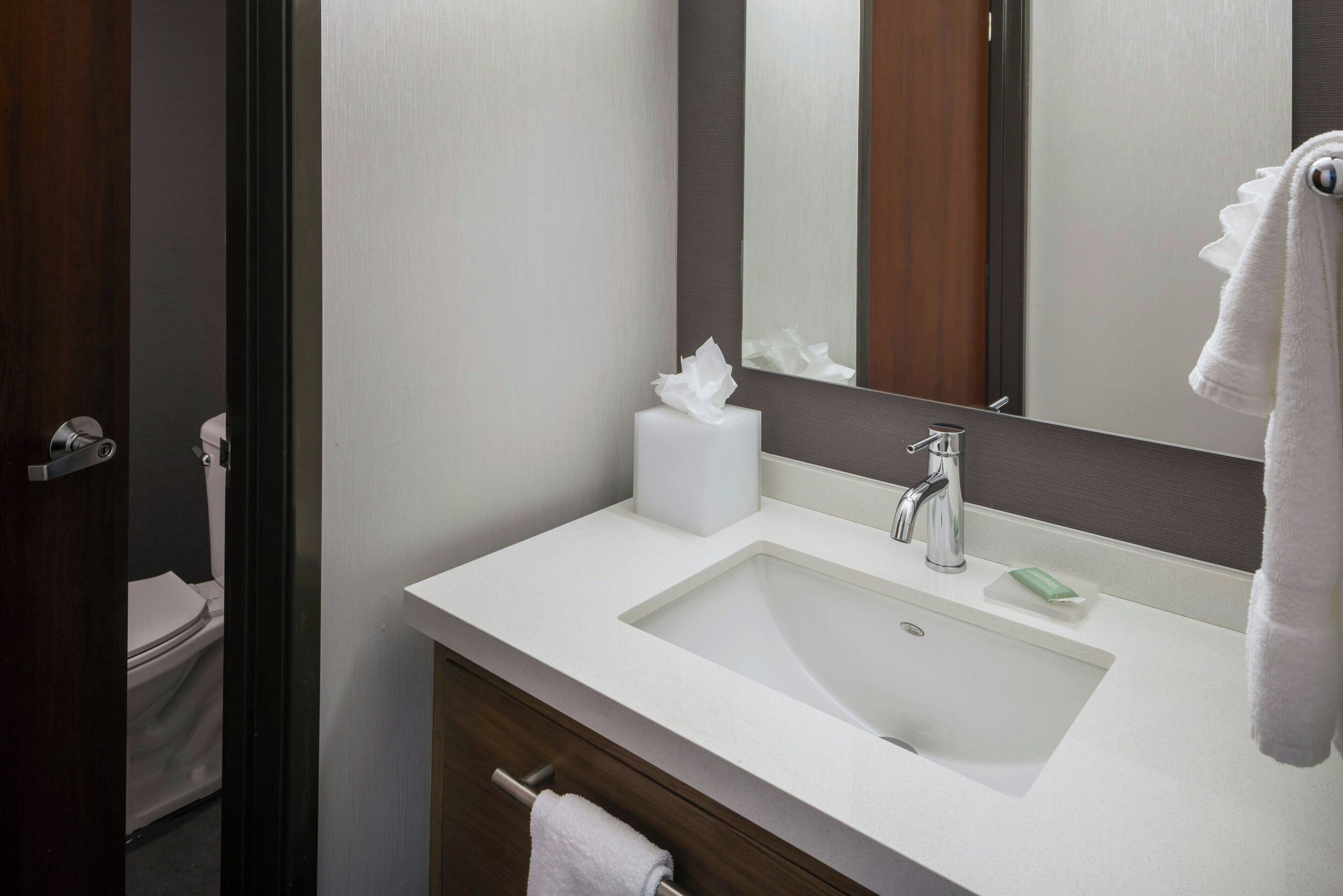 Un baño con un lavabo blanco, un espejo, un perchero y un inodoro visible a través de una puerta abierta.