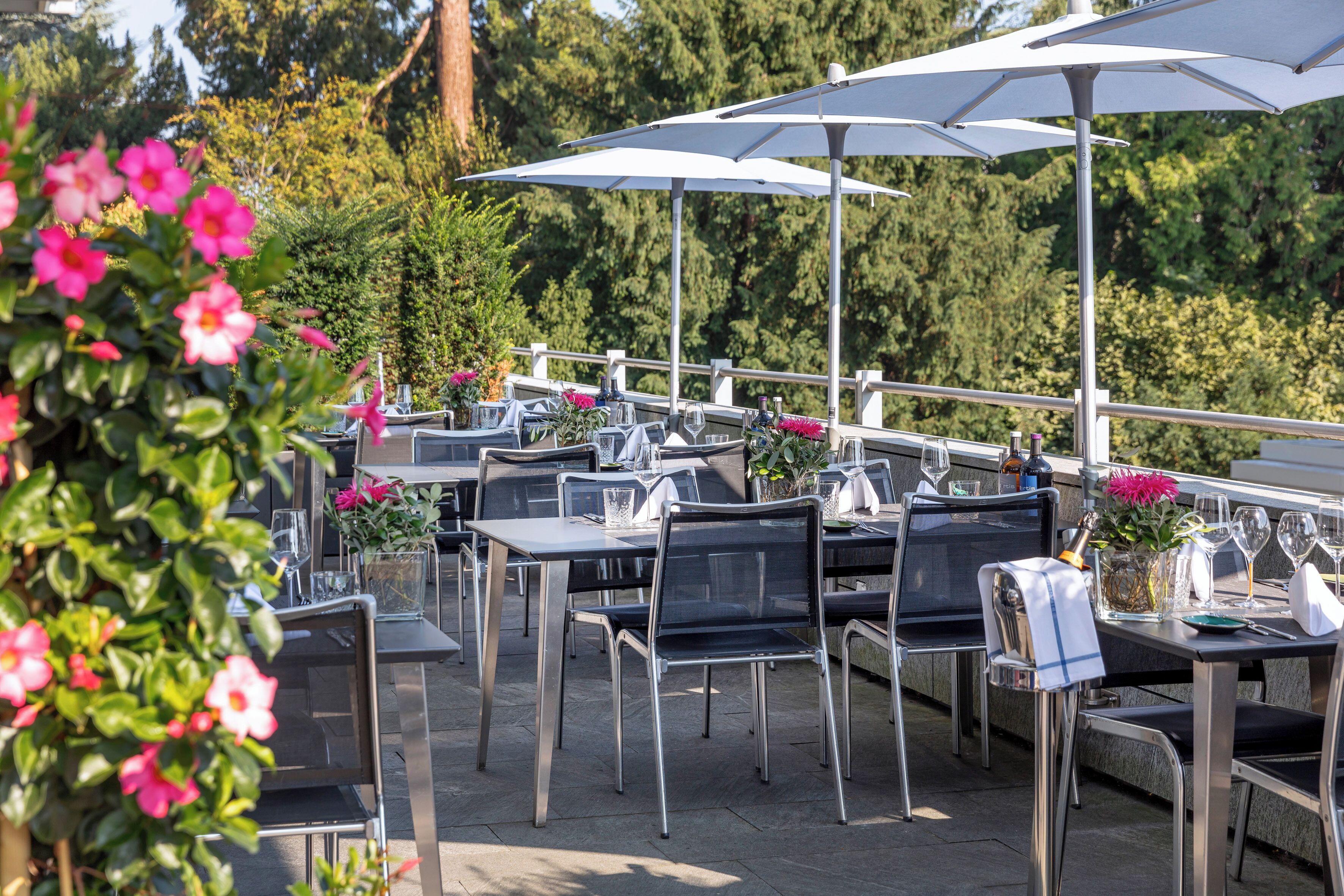 An outdoor dining area with tables and chairs, umbrellas, and a view of trees.