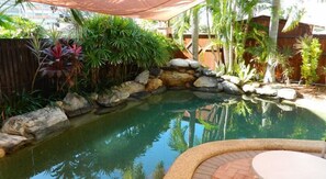 A small outdoor pool with a stone border and surrounding tropical plants. - The Balinese (Cairns North)