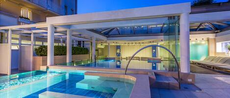 Indoor pool, outdoor pool, sun loungers