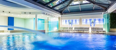 Indoor pool, outdoor pool, sun loungers