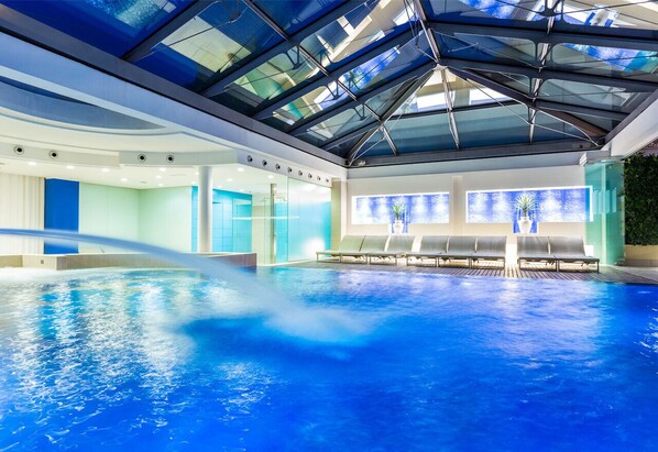 Indoor pool, outdoor pool, pool loungers