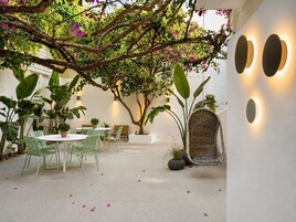 An indoor patio with round tables and chairs, surrounded by large green plants and a tree with pink flowers.