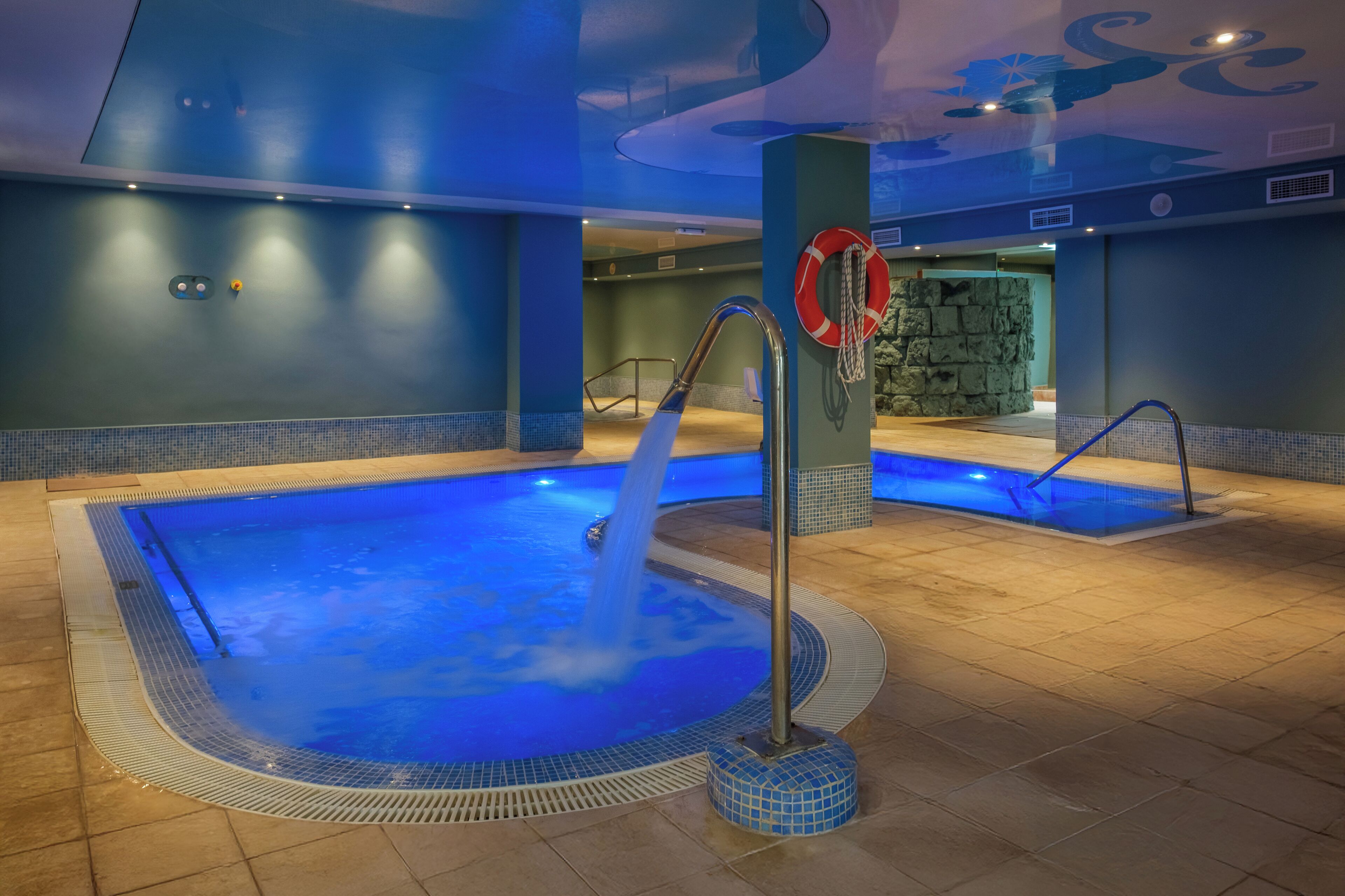 indoor pool, outdoor pool, pool umbrellas, pool loungers