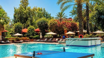Outdoor pool, pool umbrellas, pool loungers