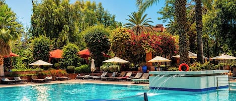 Outdoor pool, pool umbrellas, pool loungers