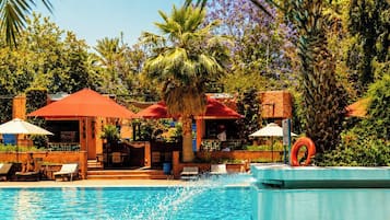 Outdoor pool, pool umbrellas, pool loungers